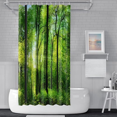Vista 42 de Yeele Cortina de ducha de paisaje natural, árboles verdes, bosque, cortinas de baño, primavera, amanecer, selva, paisaje, impermeable, decoración