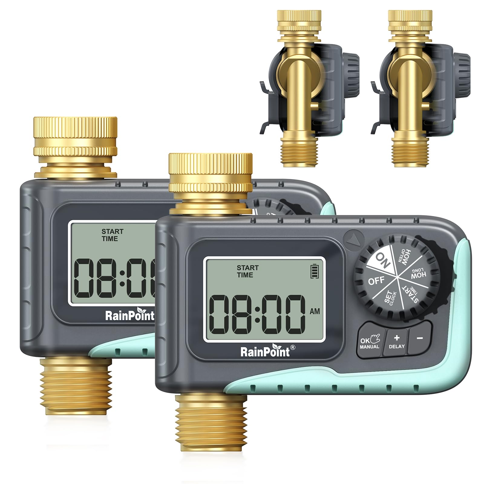 RAINPOINT Timer irrigatore, timer per tubo da giardino, 100% metallo, controller programmabile per irrigazione, controller con irrigazione manuale/ritardo pioggia per prato e giardino, 1 zona 2 pezzi