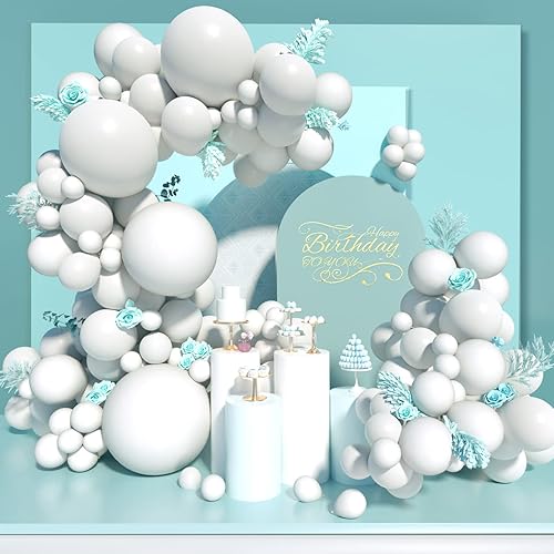 Ponamfo Kit de arco de globos blancos 120 globos blancos de 18 + 12 + 10 + 5 pulgadas, kit de guirnalda de globos blancos Mette de diferentes