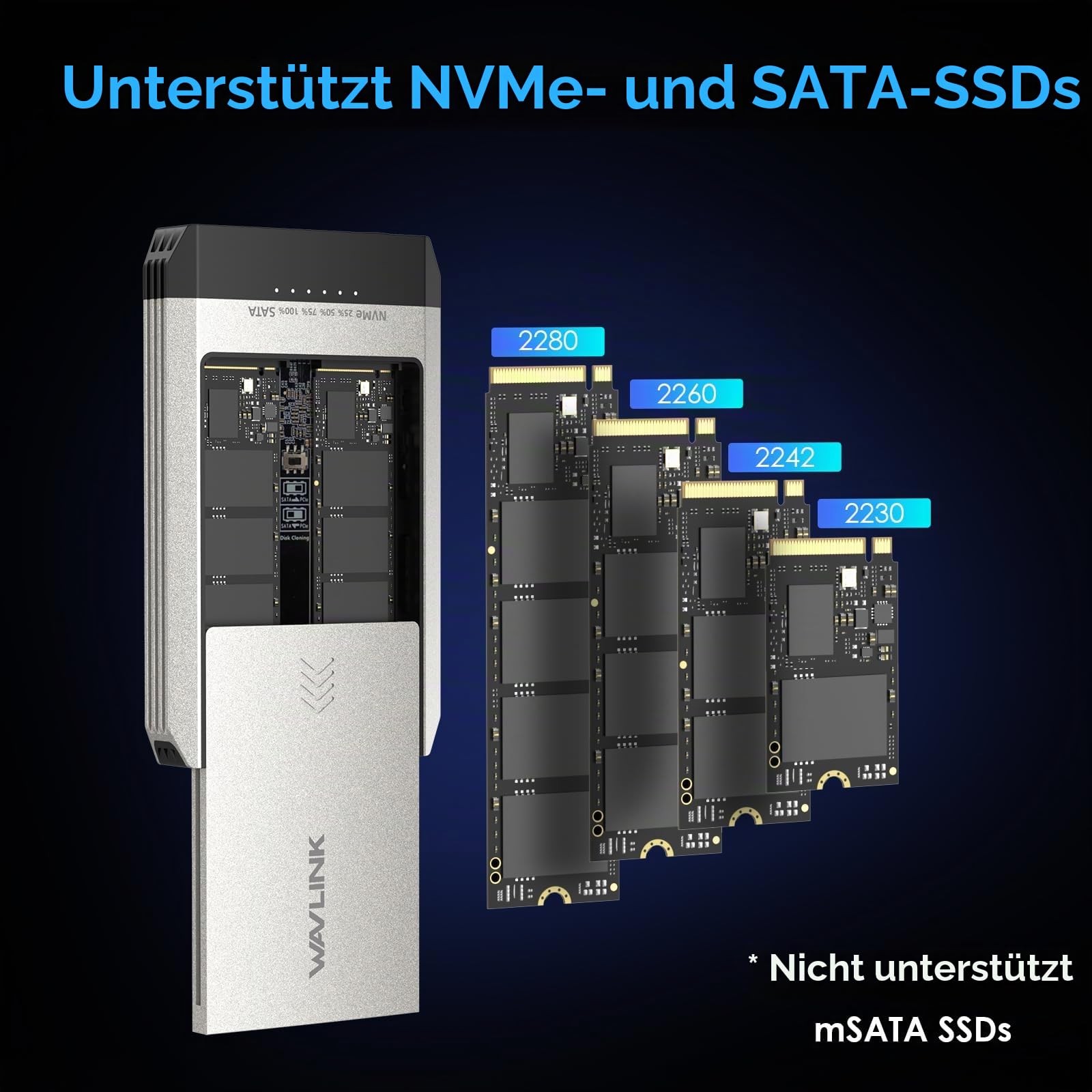 WAVLINK Dual-Bay Offline Clone Tool-Free, 10 Gbit/s M.2 Duplikator unterstützt SATA zu NVMe und NVMe zu SATA, Dual M.2 SSD-Gehäuse für 2230/2242/2260/2280, bis zu 8 TB