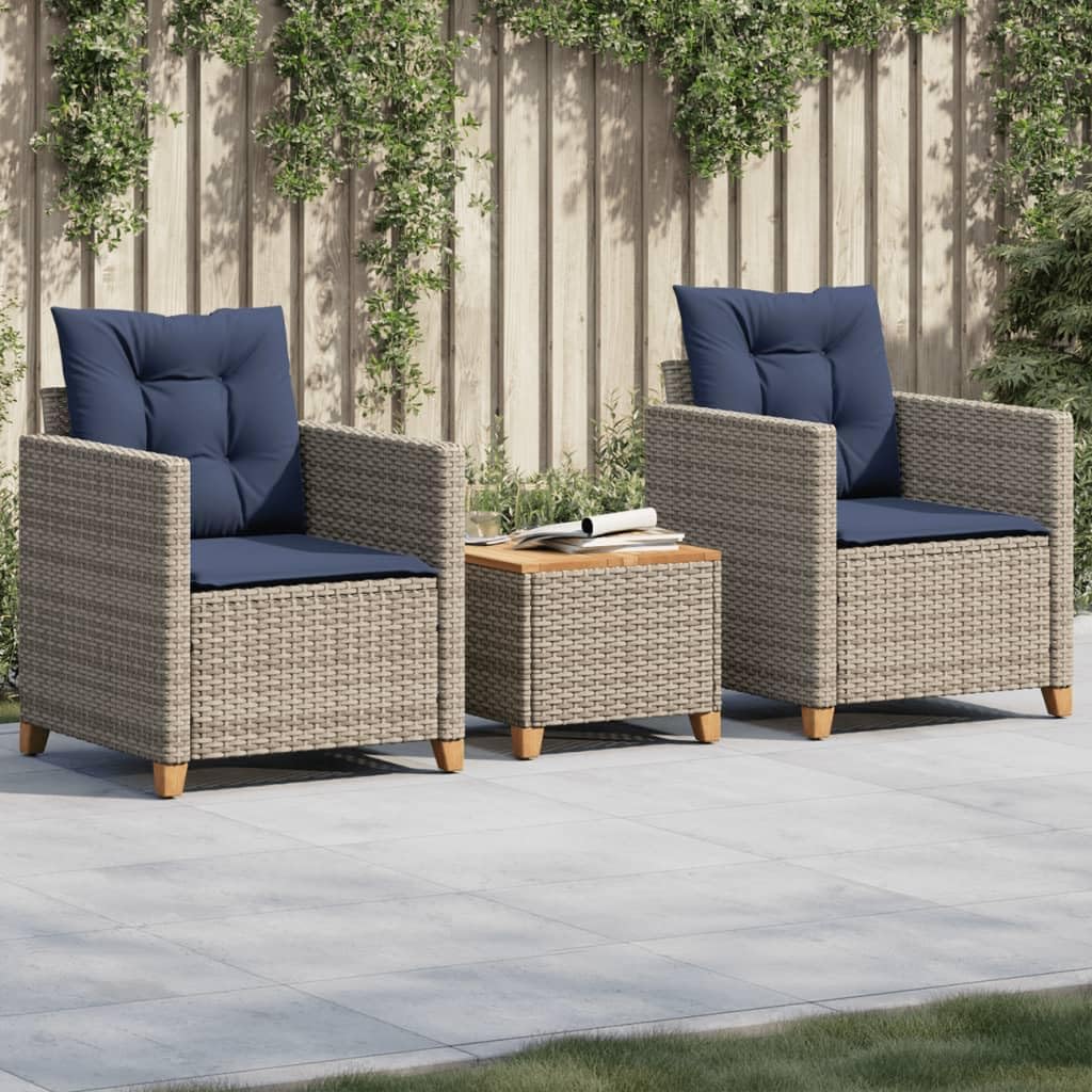vidaXL Bistro Set with Cushions 3 Piece, Patio Furniture Set, Outdoor Table and Chair for Garden Balcony, Gray Poly Rattan Acacia Wood