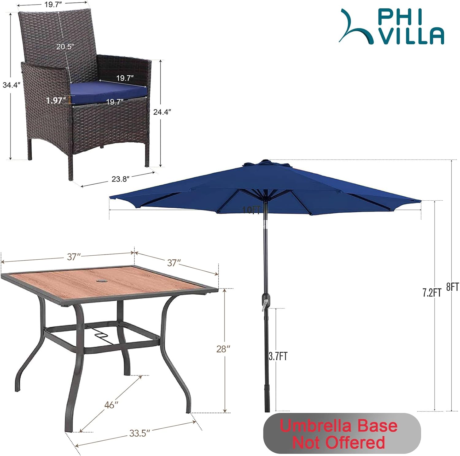 Buy PHI VILLA 5 Piece Outdoor Dining Set with Umbrella for 4, 37 Wood