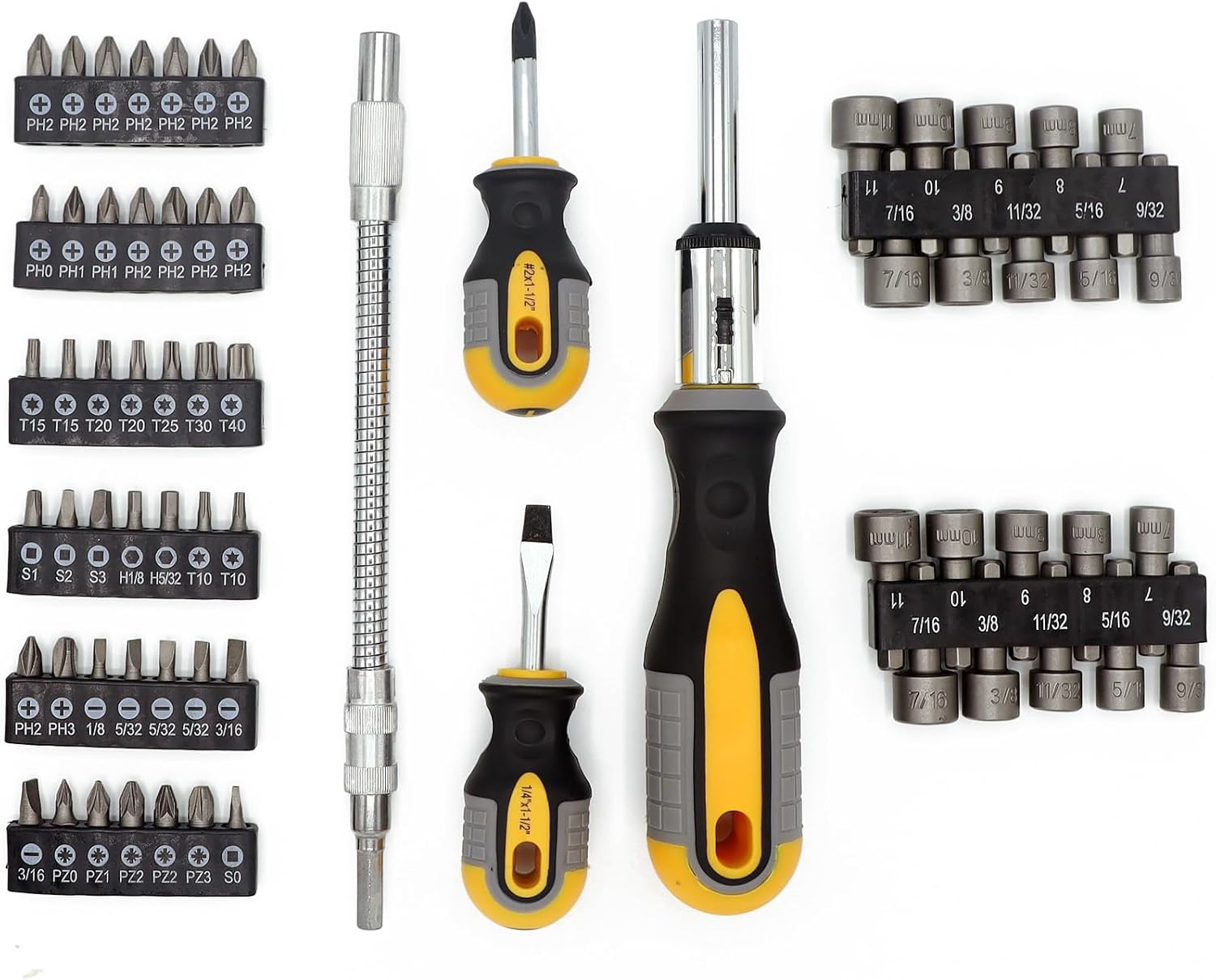 66-Piece Ratchet Screwdriver Set with Bits and Nut Driver, Chrome Vanadium Steel, Multi-color