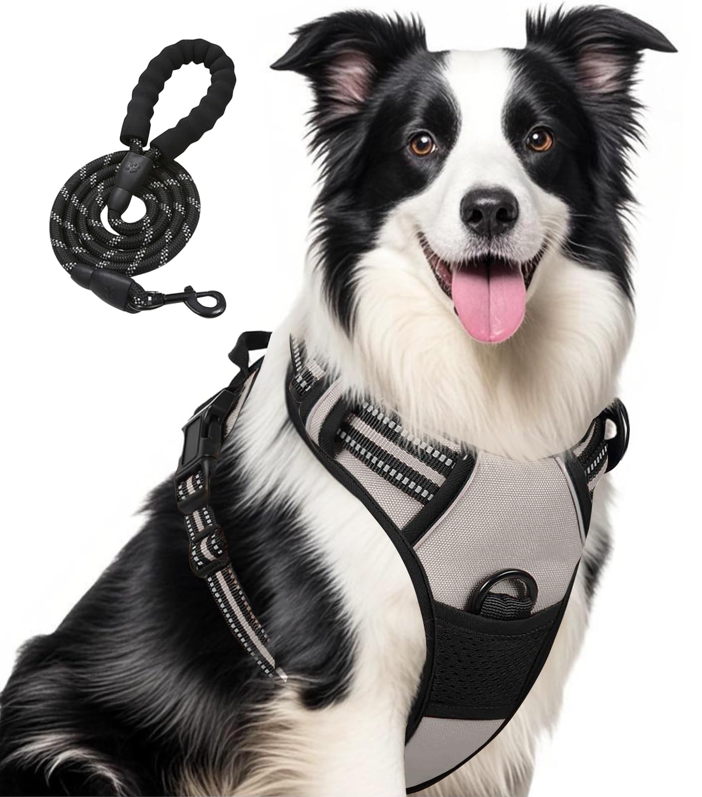 Jomkig Adjustable No Pull Dog Harness with Easy Control Soft Padded Handle for Large Dogs Reflective Breathable Pet Vest Outdoor Walking Training, Grey, Large