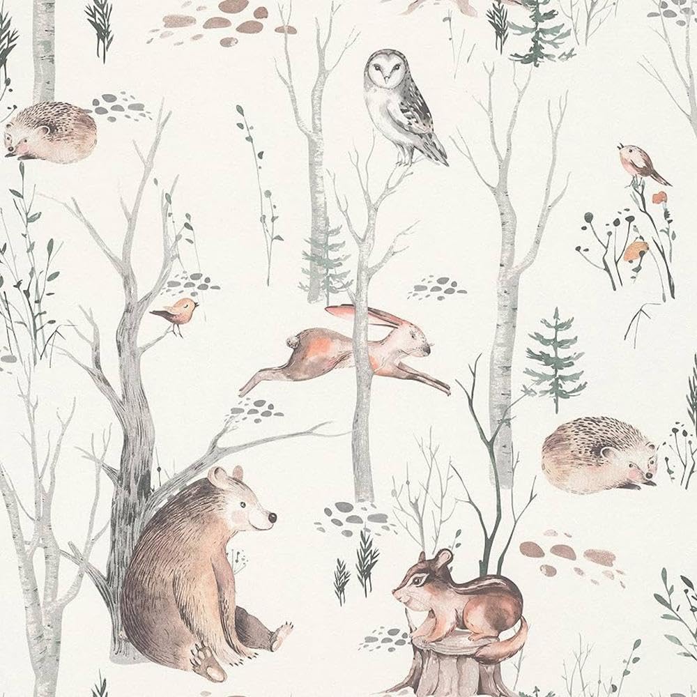 Yöl Light Kids Woodland Walk Wallpaper - Animal Print Naturistic Birds Bear Hedgehogs Trees Leaves - Paste The Wall