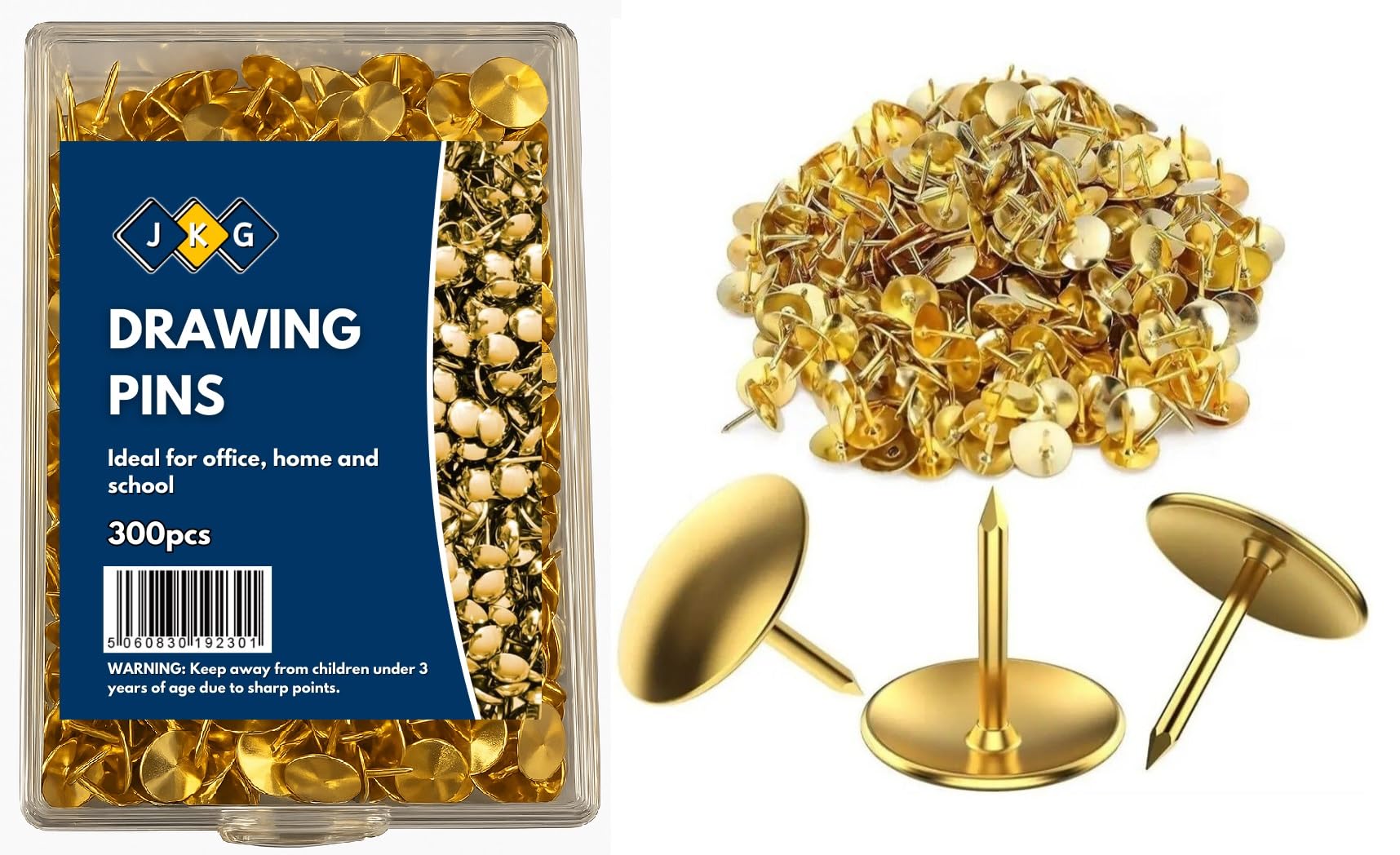 JKG® 300 x Metal Drawing Push Pins - Gold Notice Board Push Pins | Pins For Cork Board, Bulletin Pin Thumb Tacks For Office Work Desk, Arts Crafts, Pin Art | Map Marking (In Plastic Box)