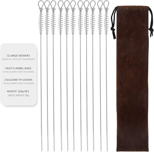 Miniatura 6 de Paquete de 12 brochetas de metal de 16 pulgadas, pinchos de metal largos y planos, reutilizables, para barbacoa y barbacoa, pinchos para asar a la