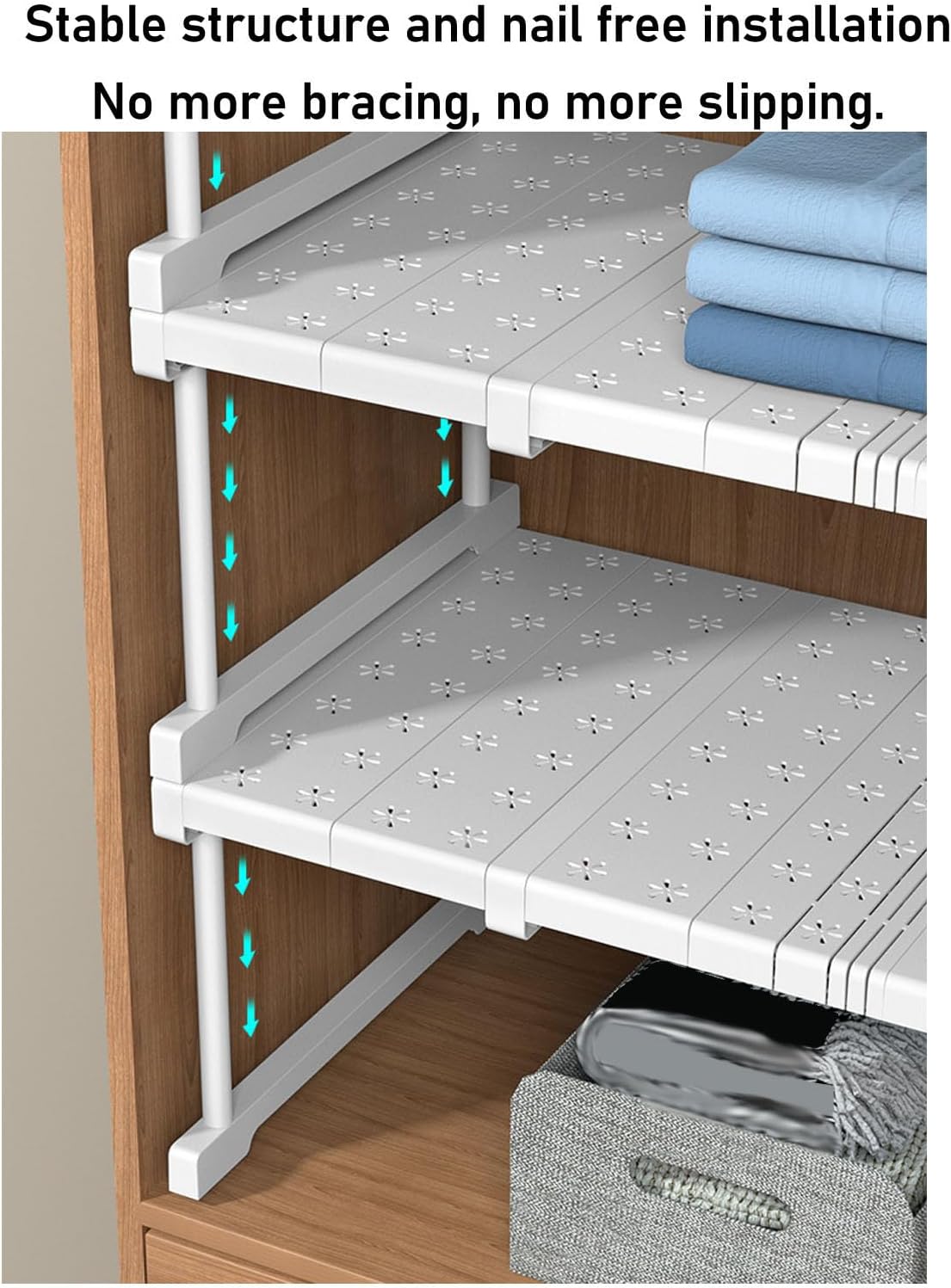 Expandable Closet Shelf, Adjustable Storage Rack for Closet and Cabinet, Telescopic Carbon Steel Organizer with 55kg Load Capacity, Fits Width 48cm Height 32cm (Length 47-68cm / 18.5-26.8in)