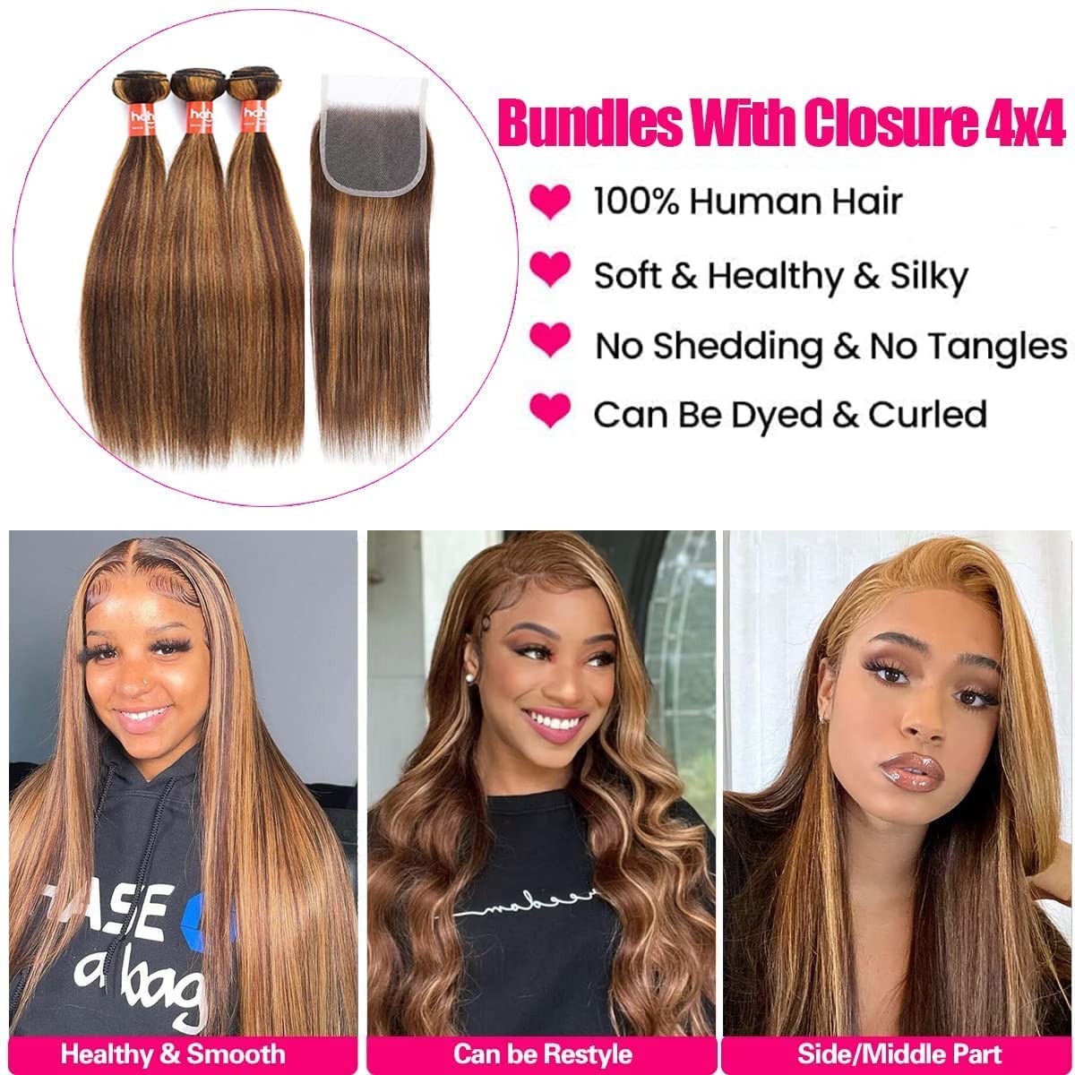 Haha P4/27 Honey Blonde Highlight Human Hair Bundles With Lace Closure 4x4 Brown Blonde Ombre Straight Bundles With Closure Brazilian Remy Virgin Hair Weave Sew In Extensions 20 22 24 +18 Inch