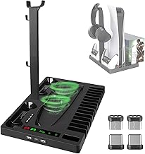 Linkstyle PS5 Vertical Stand with Cooling Fan Dual PS5 Controller Charging Station Dock Led Indicator, 15 Game Storage, and Headset Holder for PS5 Console PS5 Digital Edition Console Accessories