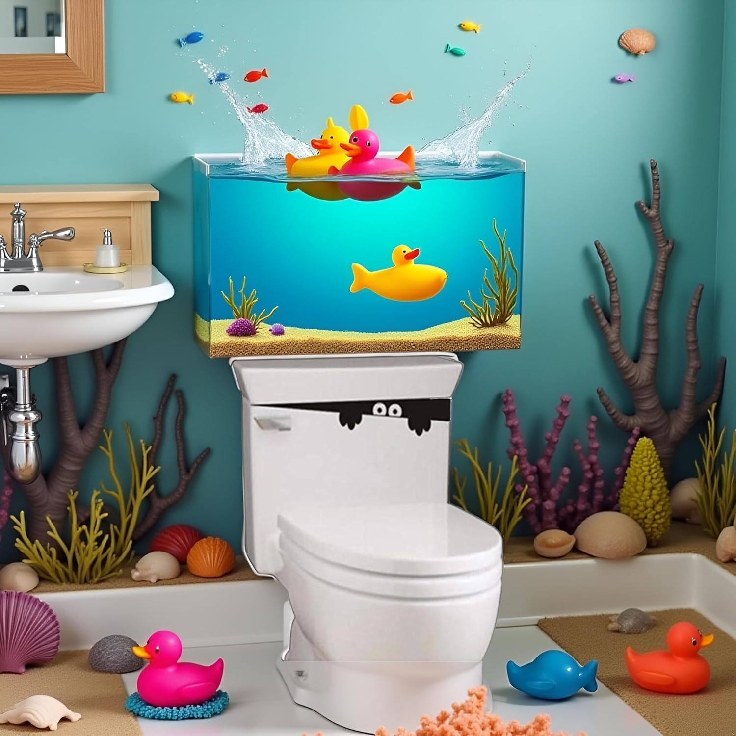 2Pcs Blalck 3D Toilet Monster Funny Bathroom Seat Decor Removable Sticker Wall Art Decal Toilet Lid Decals