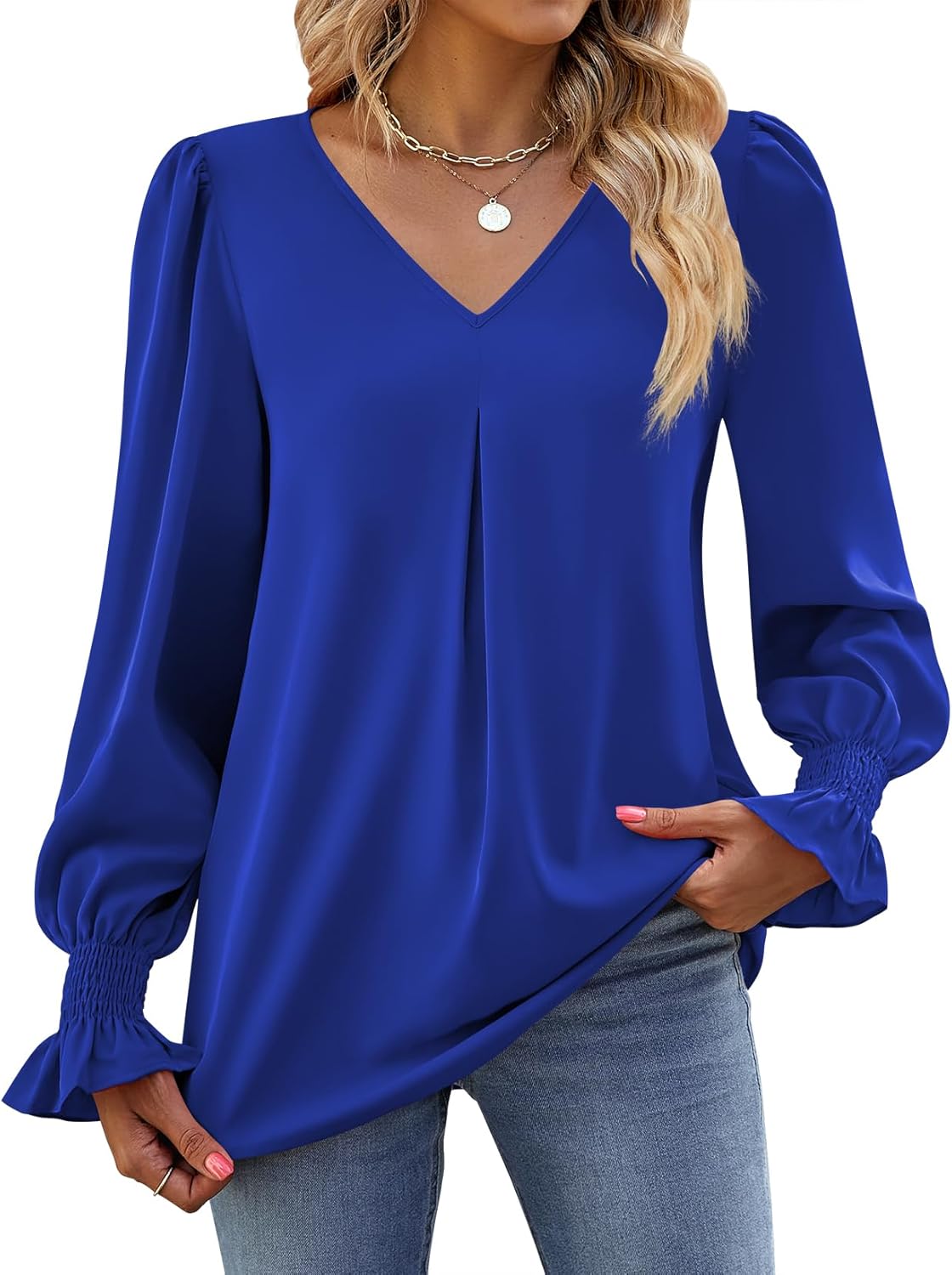 Funlingo Women's 2025 Long Sleeve Tops Dressy Casual V Neck Tunic Shirts Loose Chiffon Work Blouse - Image 3