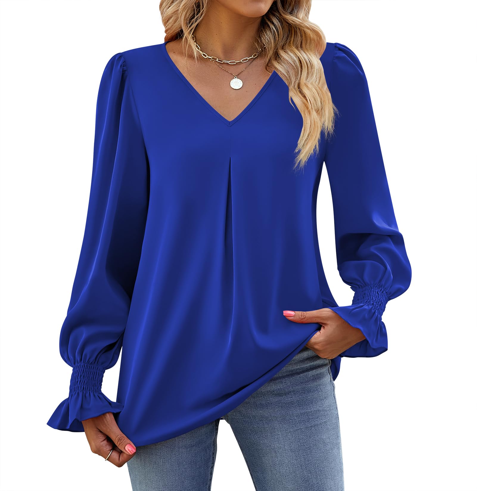 Funlingo Women's 2025 Long Sleeve Tops Dressy Casual V Neck Tunic Shirts Loose Chiffon Work Blouse