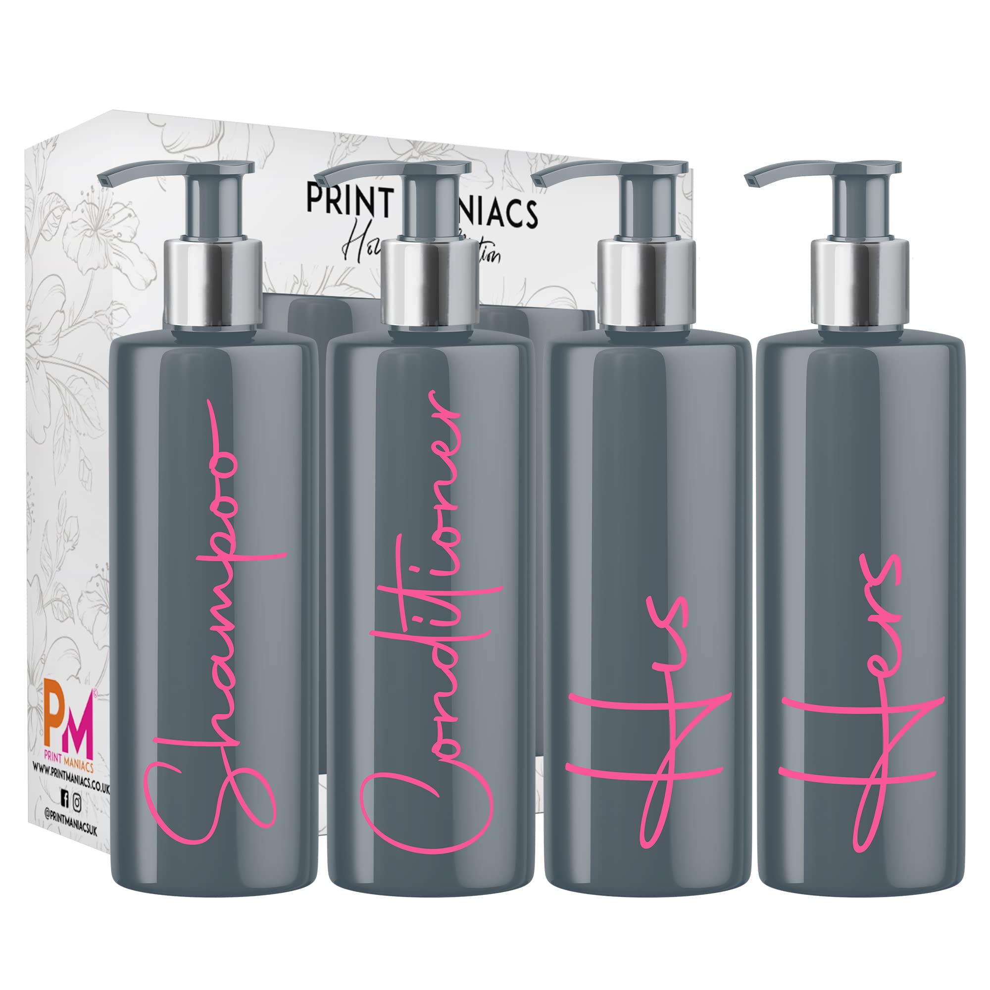 Print Maniacs Grey Mrs Hinch Inspired Personalised 500ml Pump Bottles Bathroom Lotion Kitchen Set Shampoo Conditioner Body Wash F2 (Baby Pink, Shamp,Cond, His, Hers) โ image 1