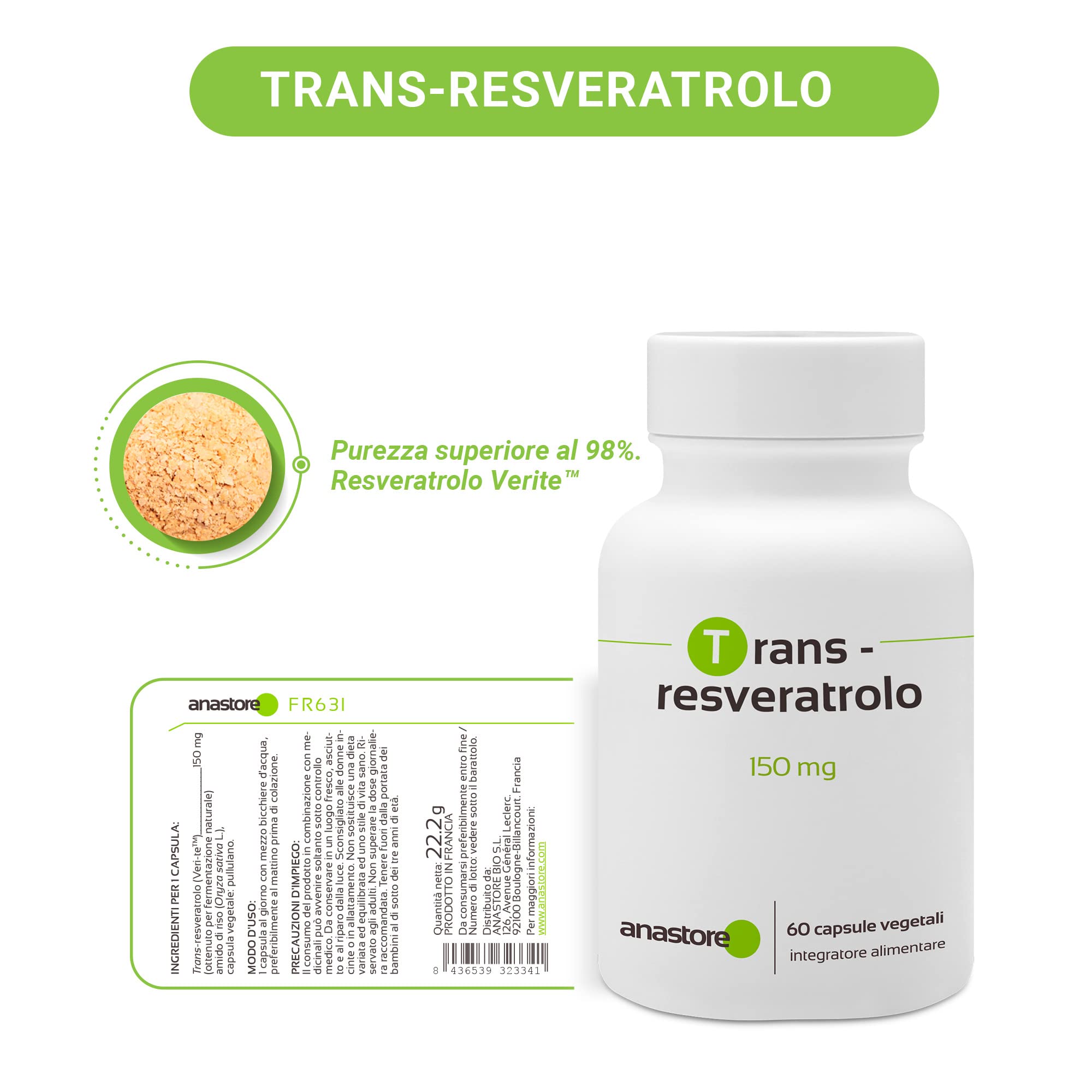Trans-Resveratrolo * 60 capsule vegetali * Antiossidante altamente assimilabile * Anti-invecchiamento + Neuroprotettore *