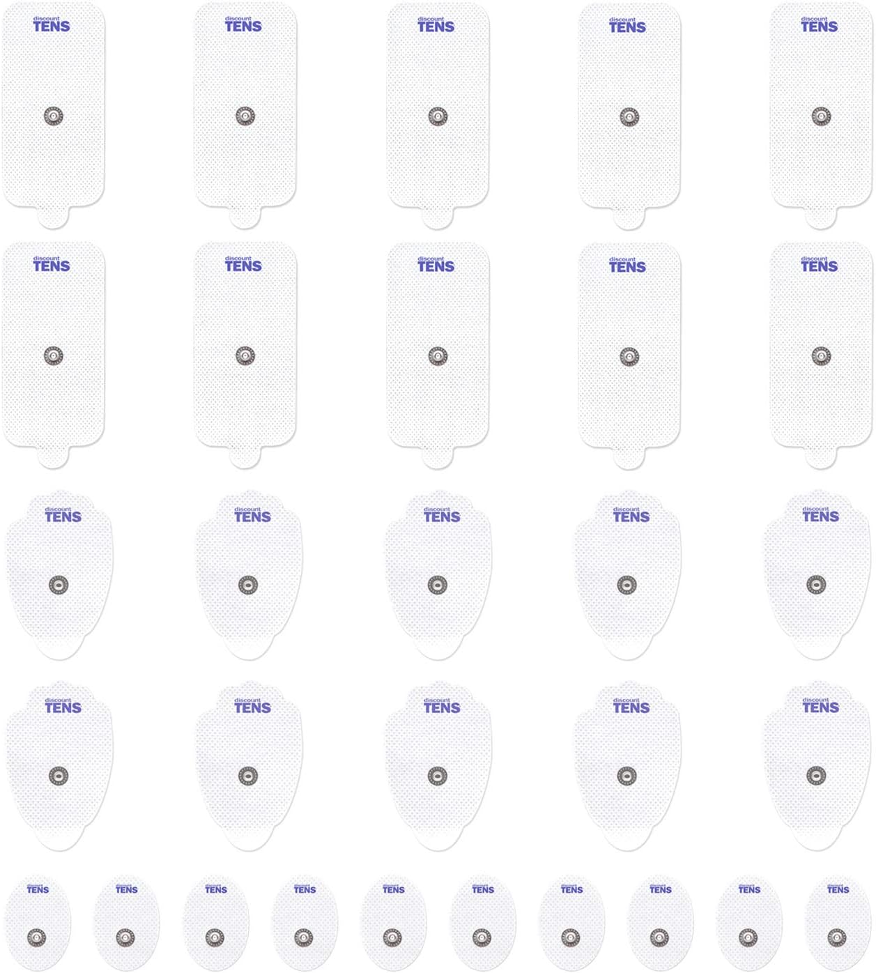 - Discount TENS Brand Electrodes – 30 Pack Assorted Replacement Pads with Small, Large & XL Sizes – Reusable Self-Adhesive Snap Electrodes Compatible with Most TENS & EMS Units Using 3.5mm Connectors