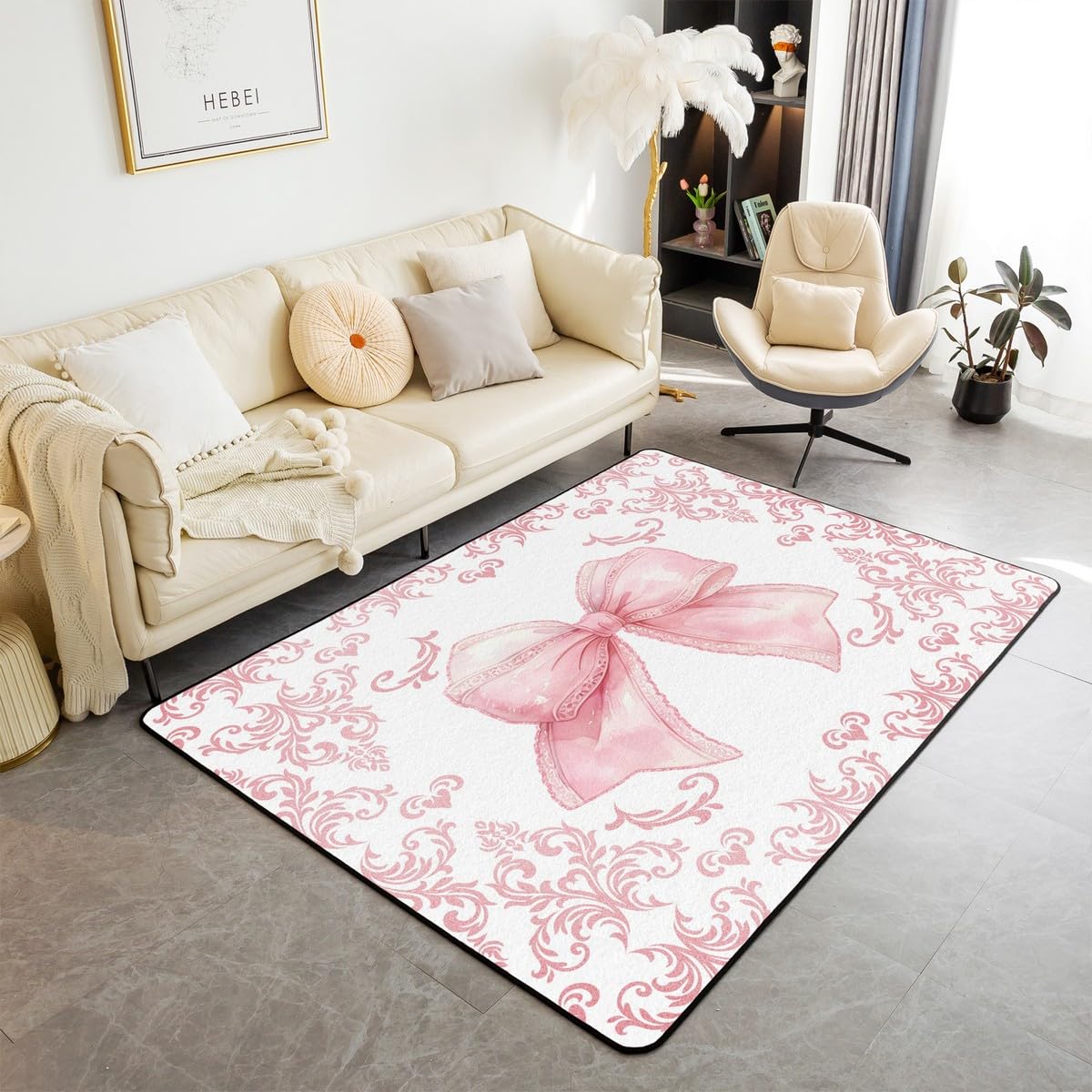 jejeloiu Huge Bow Living Room Rugs for Kids Girls Pink Ribbon Doormat‌ Area Rug 5x7 Watercolor Bow Indoor Floor Mat Decor Coquette Bowkont Decorative