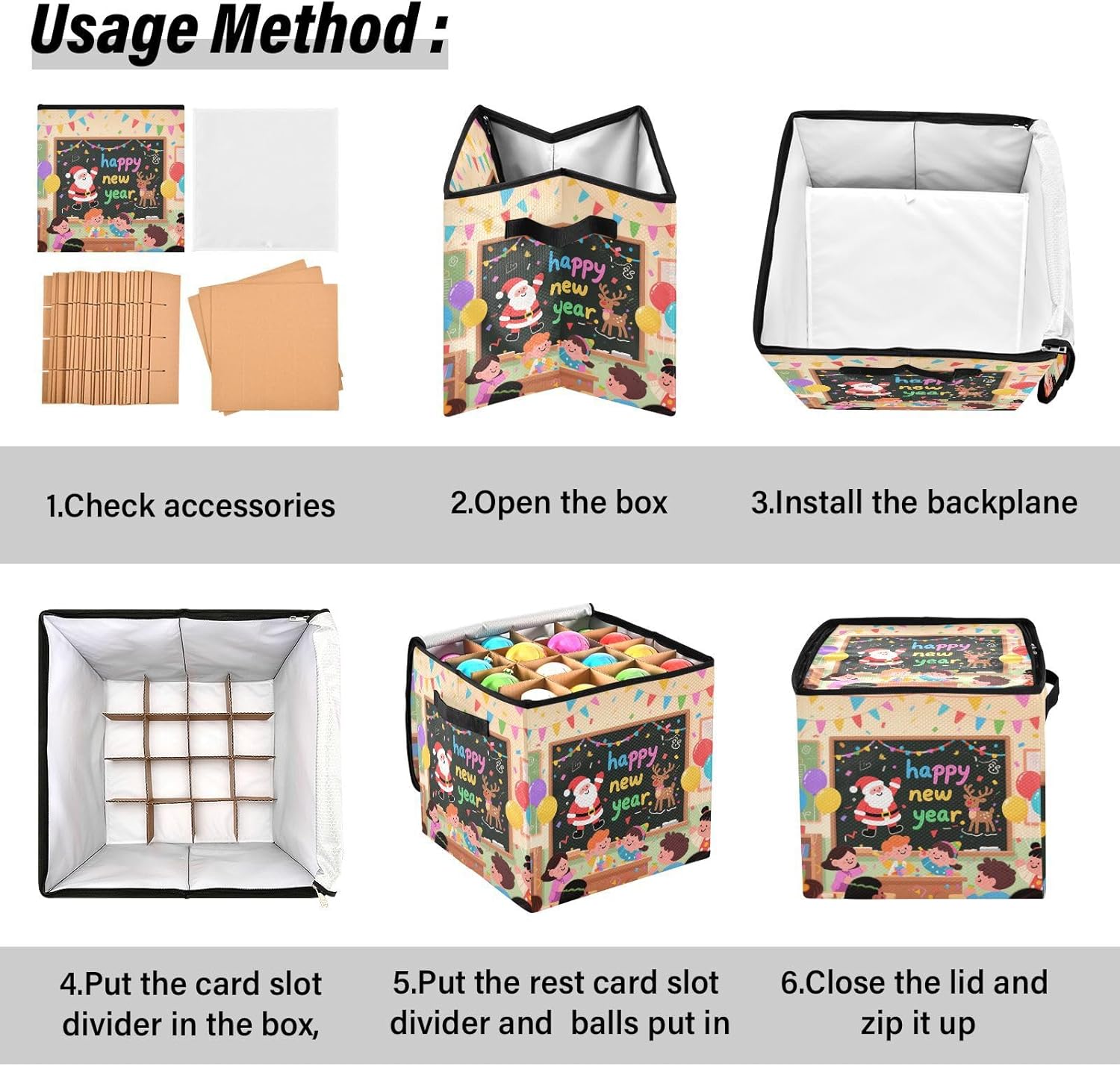 High Capacity Christmas Ornament Storage Box Holds Up to 64, Adjustable Dividers, Zippered Top, Two Handles telescoping Holiday Storage Case with Lid,Happy New Years Class