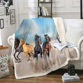 Homewish Black Horse Flannel Blanket 150 x 200 Childrens Boys Galloping Thinking Throw Blanket 3D Farm Animals Sherpa Blanket for Teens Adults Rustic Country Style Plush Duvet for Bed Couch