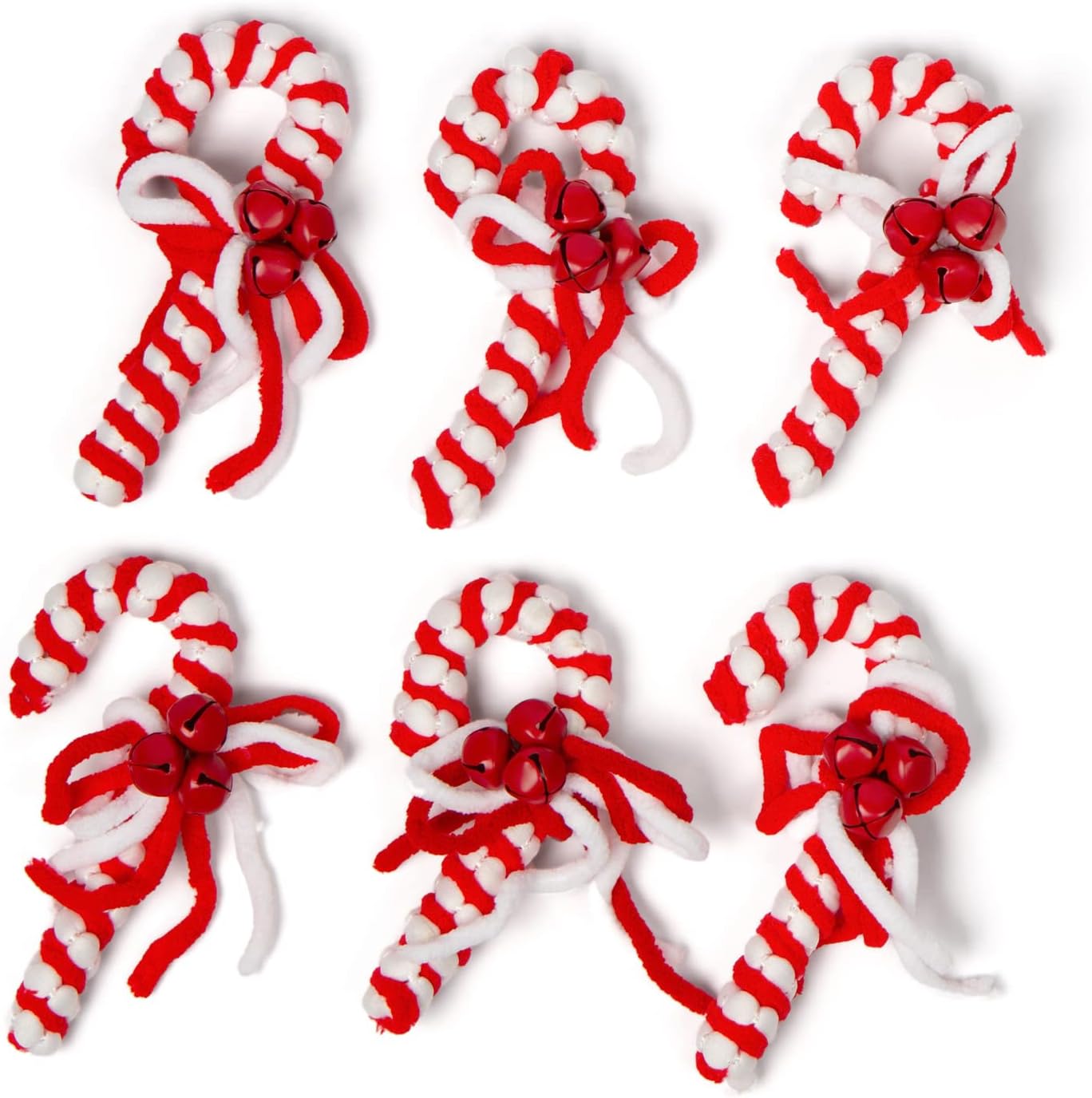 Package of 6 Jingle Bell Candy Canes Wrapped in Yarn - Christmas Ornaments, Holiday Party Favors, and Decorations