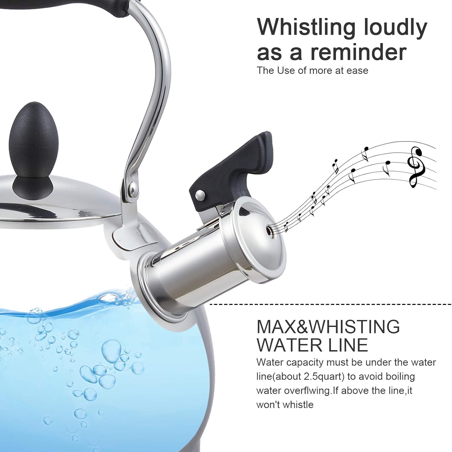 Creative Home 2.6 Qt. Stainless Steel Whistling Tea Kettle Teapot with Aluminum Capsulated Bottom for Fast Boiling Heat Water, for Induction Stove Top, Satin Finish