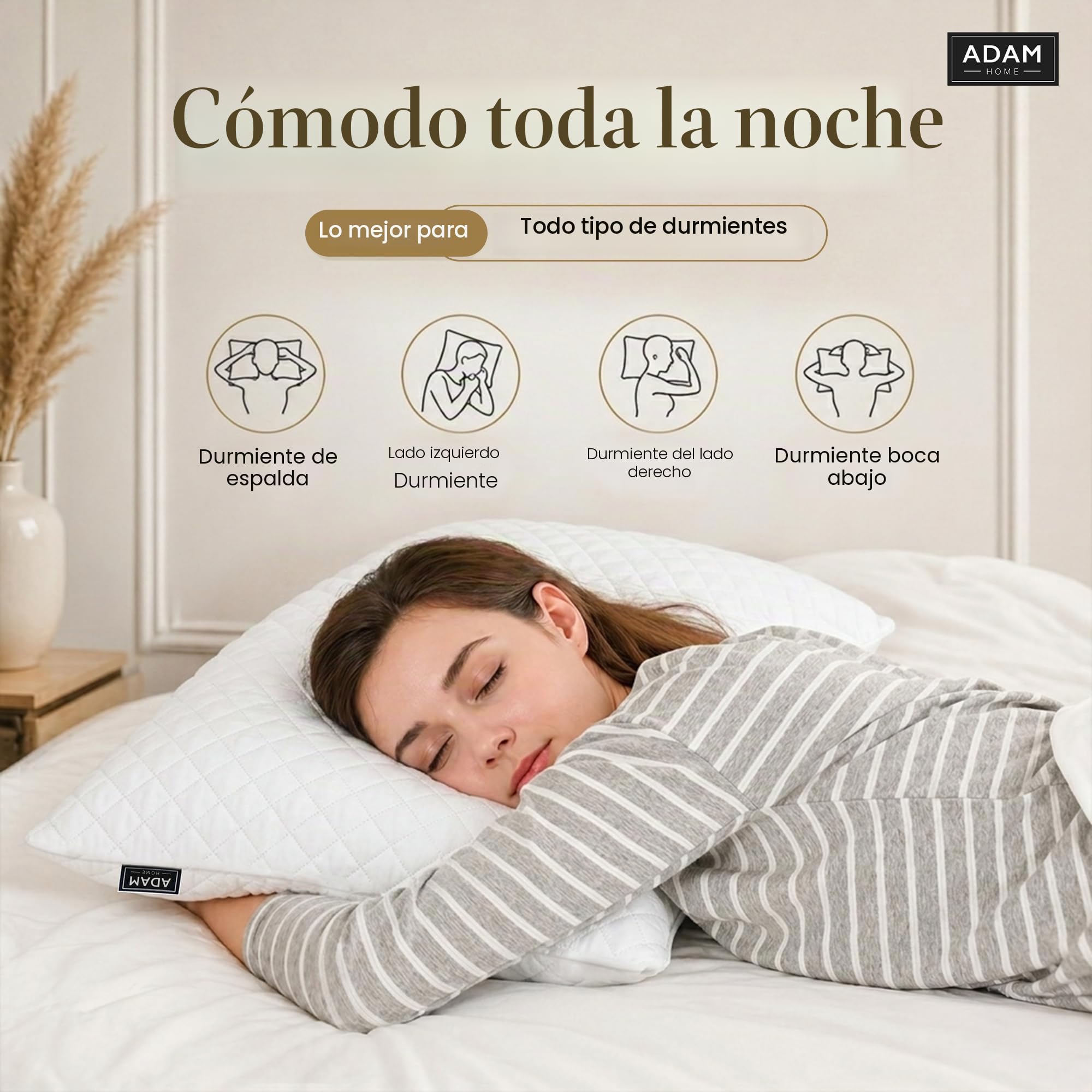 Adam Home Paquete de 6 almohadas prémium con funda acolchada, almohadas rellenas para cama, boca abajo y boca arriba, alternativa al plumón, almohadas de fibra hueca suave