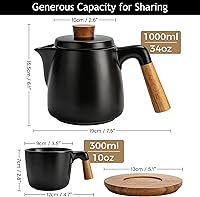 Vista 2 de MIAMIO – 34 Oz Ceramic Tea Pot Set with Infuser and Cups/Tea Strainer, 4 Ceramic Tea Mugs (10 Oz), Bamboo Saucers/Handle for Home and Office (Black)