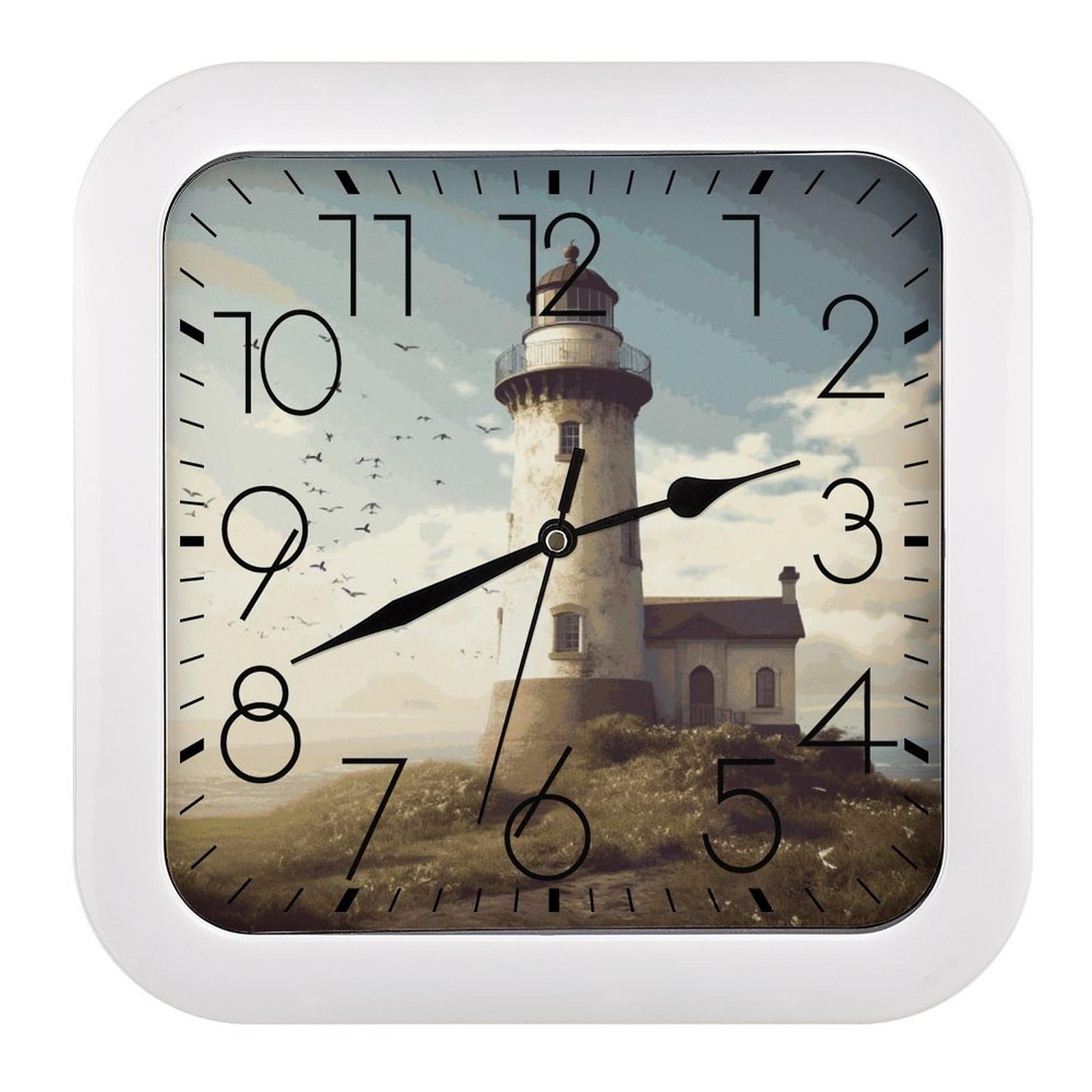 LZQPOEAS Old Lighthouse Wall Clock Fashionable Versatile Silent Wall Clock Simple Elegant Non Ticking Analog Clocks Easy to Install Square Modern Clocks for Home Decoration
