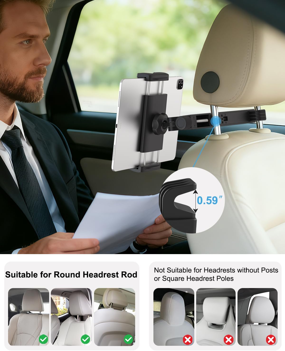 Car Headrest Tablet Holder for Backseat, Anti-Shake Adjustable Arm Mount, Foldable Tablet Holder for Car, Keeps Kids Entertained on Road Trips, Fits iPad Pro/Air/Mini & 4–13” Devices