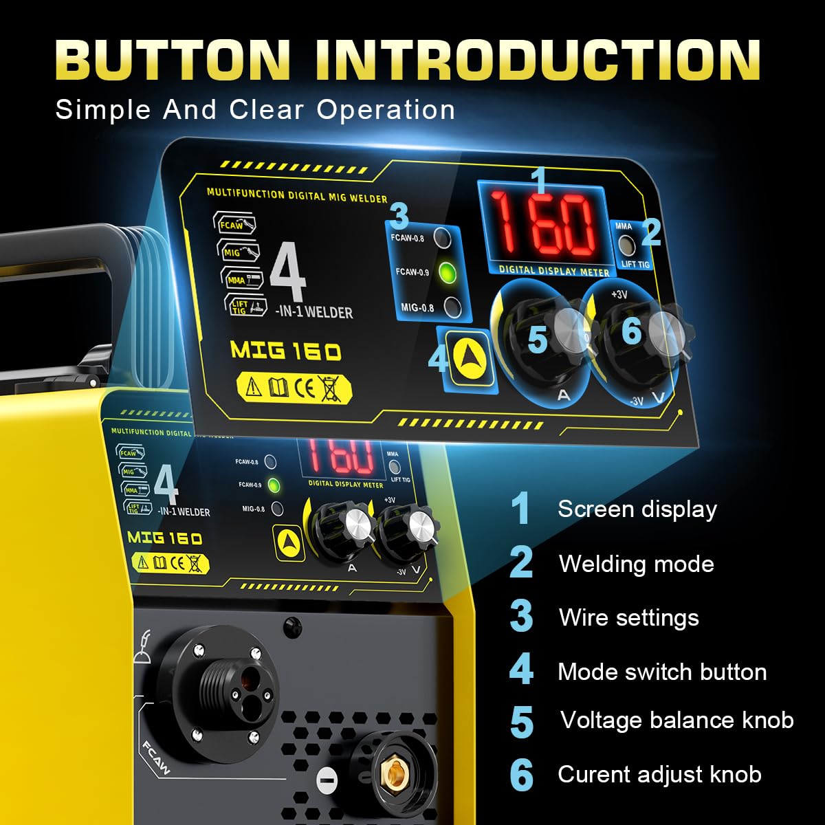 HAXIAOER 160A Schutzgas Schweissgerät MIG MAG, 4-in-1 Fülldraht Schweißgerät mit Fülldraht (FCAW)/MAG/MMA E-Hand/Lift TIG, Synergischem Drahtvorschub, IGBT, Fülldraht, Stahl Schweißdraht