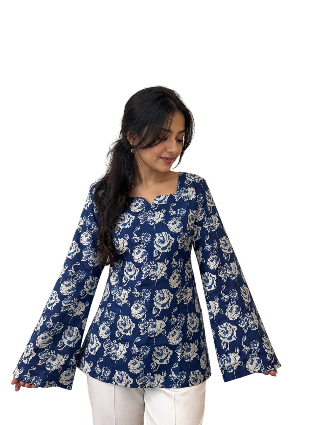 Women Floral Print Cotton Kurti | Square Neck | Bell Sleeve | Straight Fit | Lightweight Breathable Fabric | Stylish Ethnic Kurta for Women | Comfortable Tunic Top-picture-46