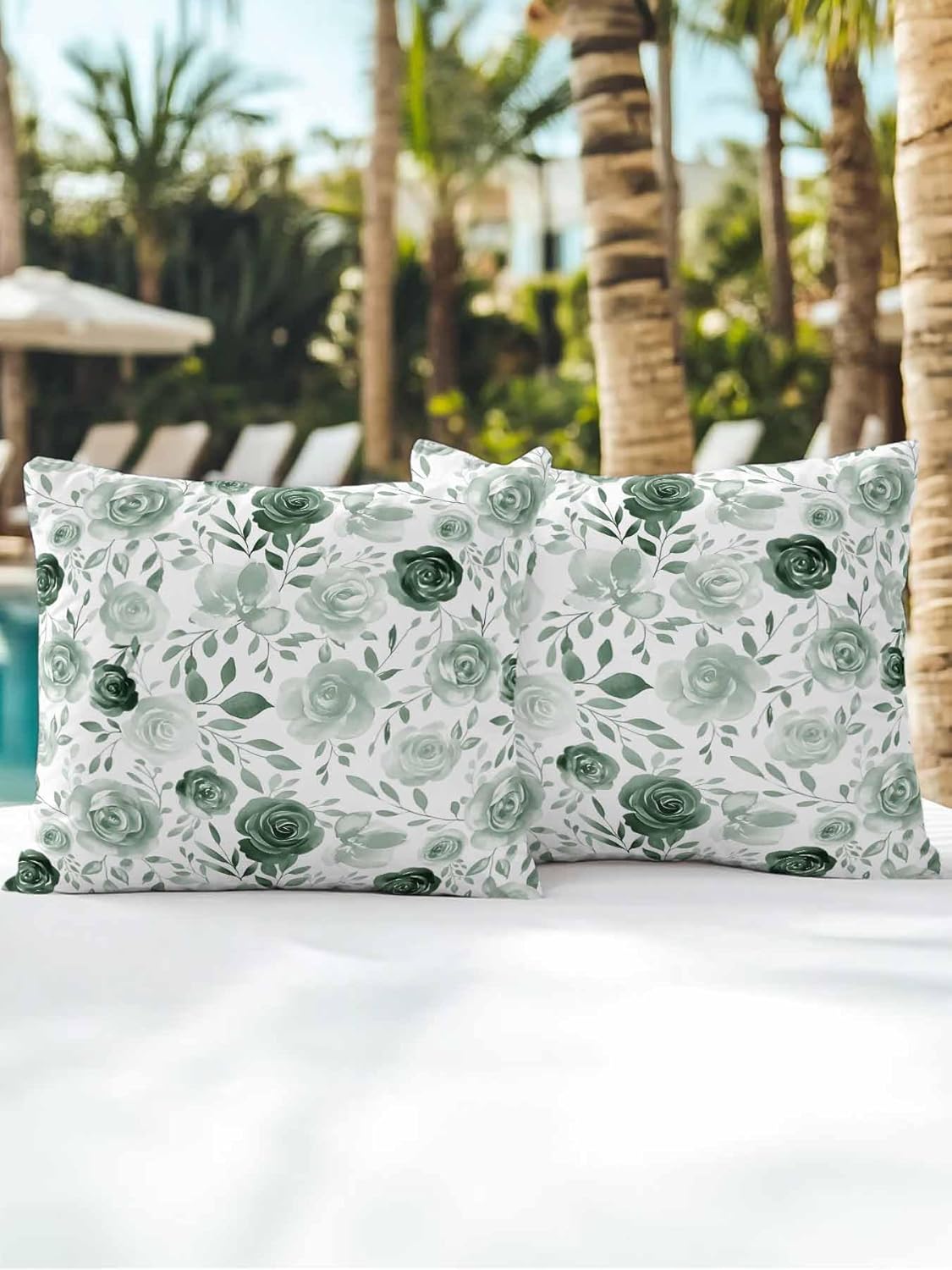 Outdoor Pillows Waterproof, Sage Green Flower Bedding Throw Pillows with Insert for Couch Sofa Bed, Vintage Rose Floral Botanical Leaf 18x18 Inch Pillowcases Decorative Camping Patio Pillow Set of 2