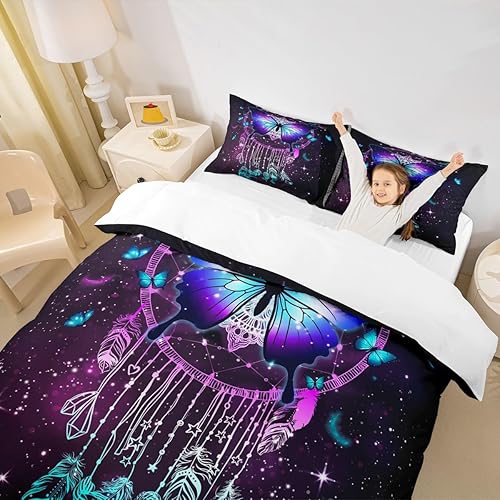 Miniatura 3 de Manfei Juego de funda de edredón de mariposa tamaño matrimonial, juego de ropa de cama bohemio de atrapasueños de 3 piezas para niños, niñas y