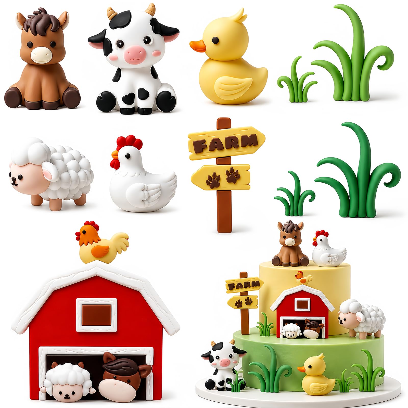 Farm Animal Cake Decoration 16pcs Cartoon Animal Birthday Cake Toppers, Farm Birthday Cake Decorations for Farm Theme Party Baby Shower Birthday Party Cake Decor (11 Stück)