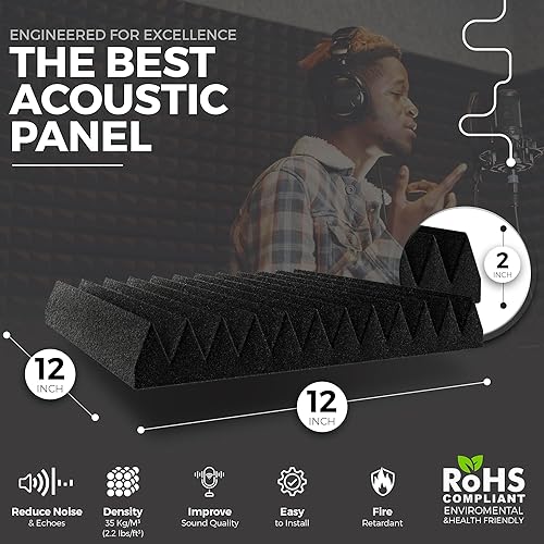 Miniatura 2 de VibeVerse - Paquete de 24 paneles autoadhesivos de absorción de sonido de espuma acústica, 12 x 12 x 2 pulgadas, diseño de cuña negra de 12 líneas,