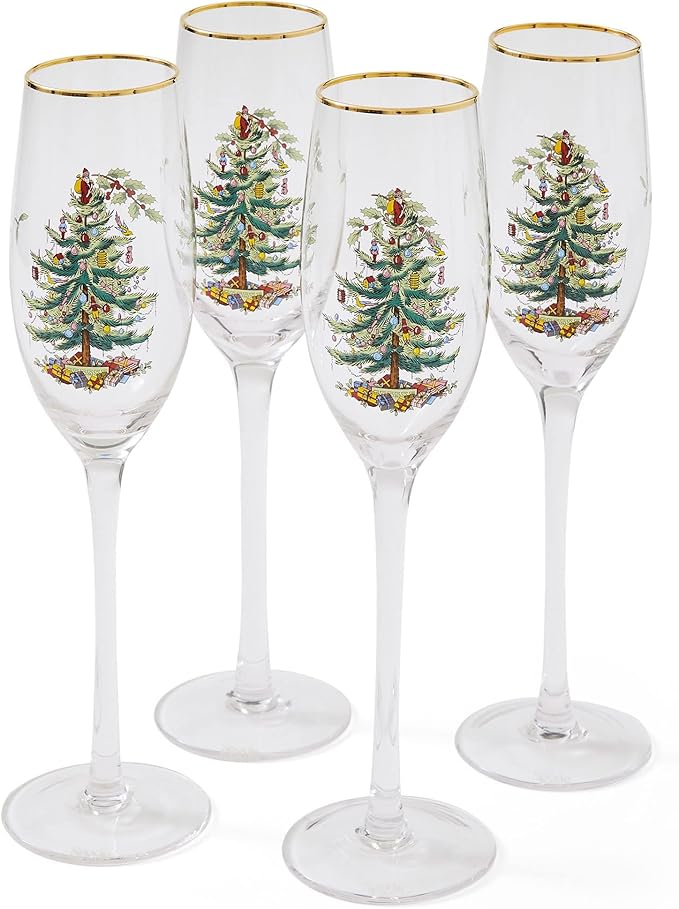 Spode Christmas Tree Gold 8.5oz Champagne Flutes (Set of 4) - Gold Rimmed Glasses, Festive Holiday Drinkware for Christmas Dinner, Wedding Gifts - Classic Holiday Glassware for Wine & Minosas