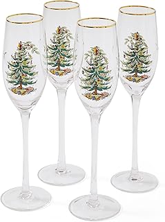 Spode Christmas Tree Gold 8.5oz Champagne Flutes (Set of 4) - Gold Rimmed Glasses, Festive Holiday Drinkware for Christmas Dinner, Wedding Gifts - Classic Holiday Glassware for Wine & Minosas
