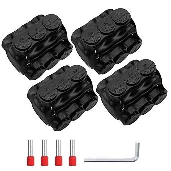 Joinfworld 3 Port Insulated Multi Tap Connector 250MCM-6 Gauge Wire Connectors Aluminum to Copper Wire Connectors Dual Entry Black Electrical Cable Connectors with Slotted Allen Hex - 4 Pack