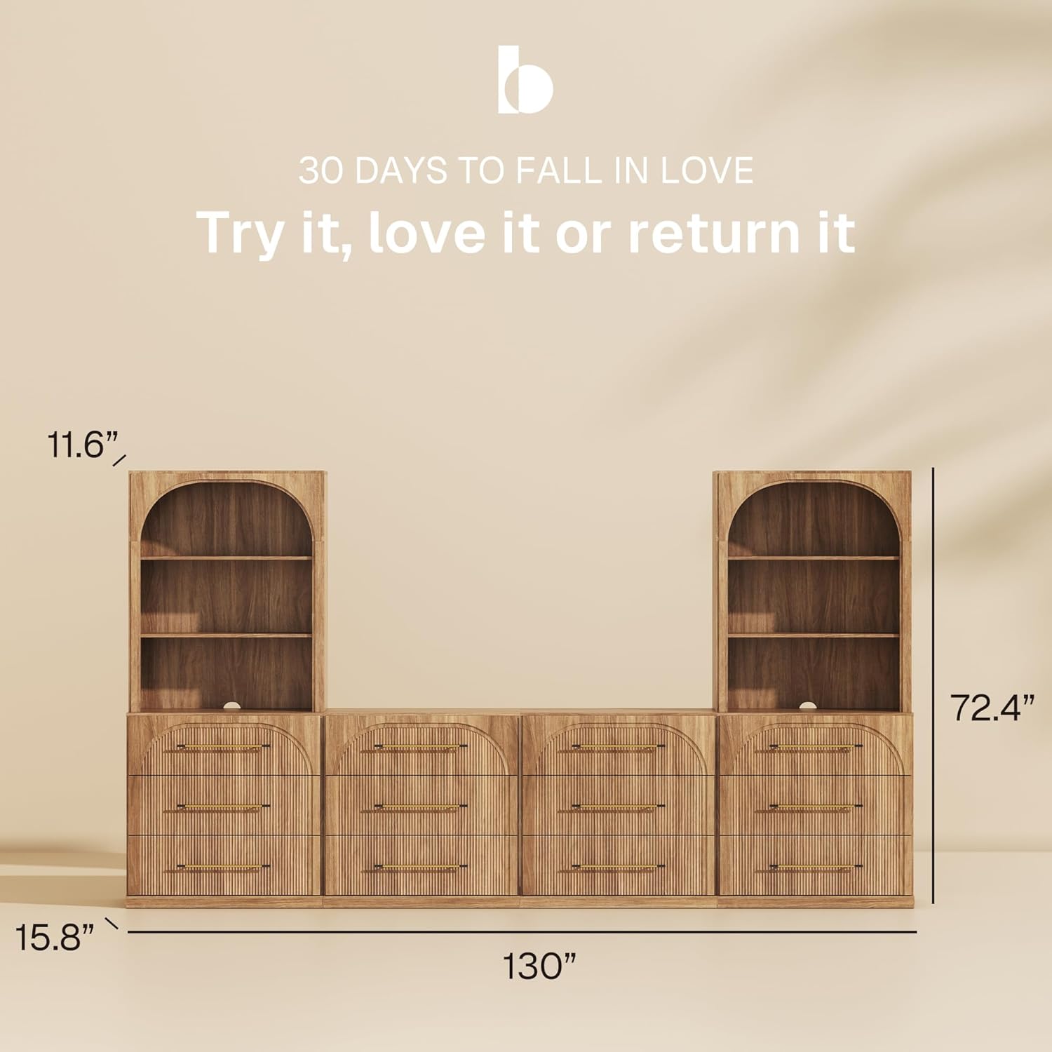 BELLEZE 6-Piece Modular TV Stand Set - 4 Sideboards with Drawers and 2 Storage Hutch, Classic Modern Media Console Table Cabinet with Adjustable Shelves for Living Room (Camel) Jagger Camel 1c2h