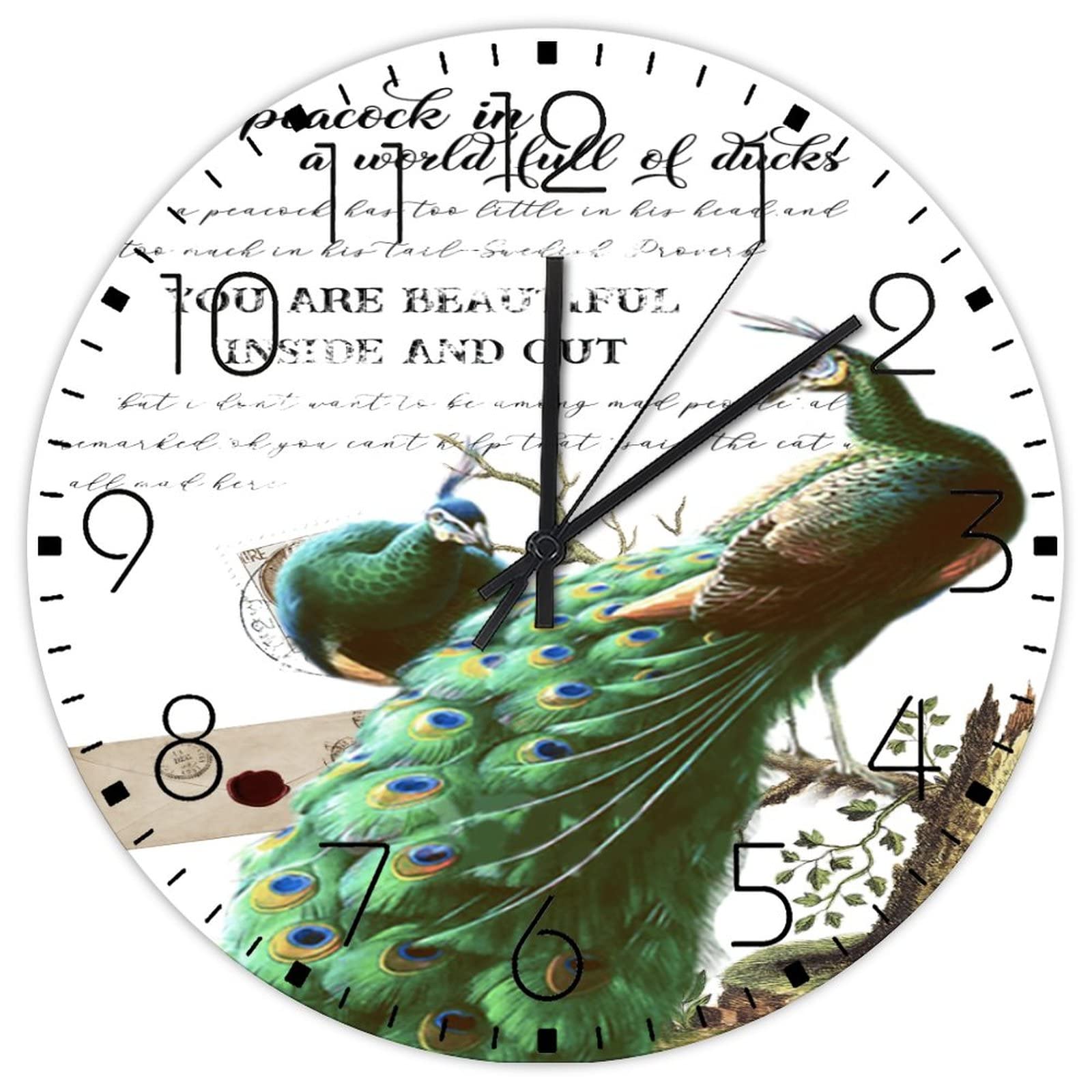 Horloge murale silencieuse pour supprimer le tic-tac stressant avec un décor paon vintage