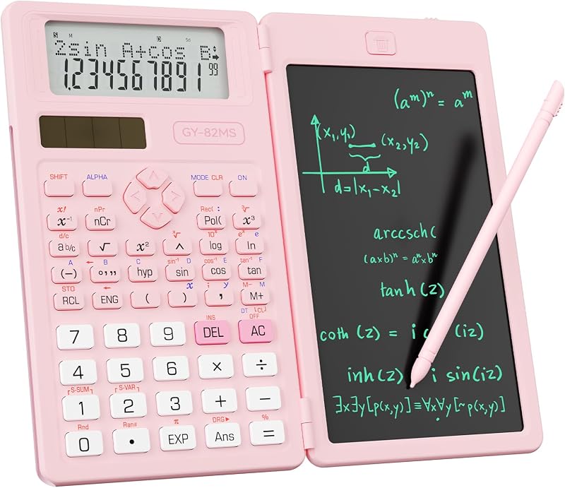 82MS Scientific Calculators School Supplies with Notepad ROATEE Pink Stuff | Middle and High Back to School Girls Cute Stuff for Student, 240 Functions Foldable 2-Line Display Solar and Battery Power