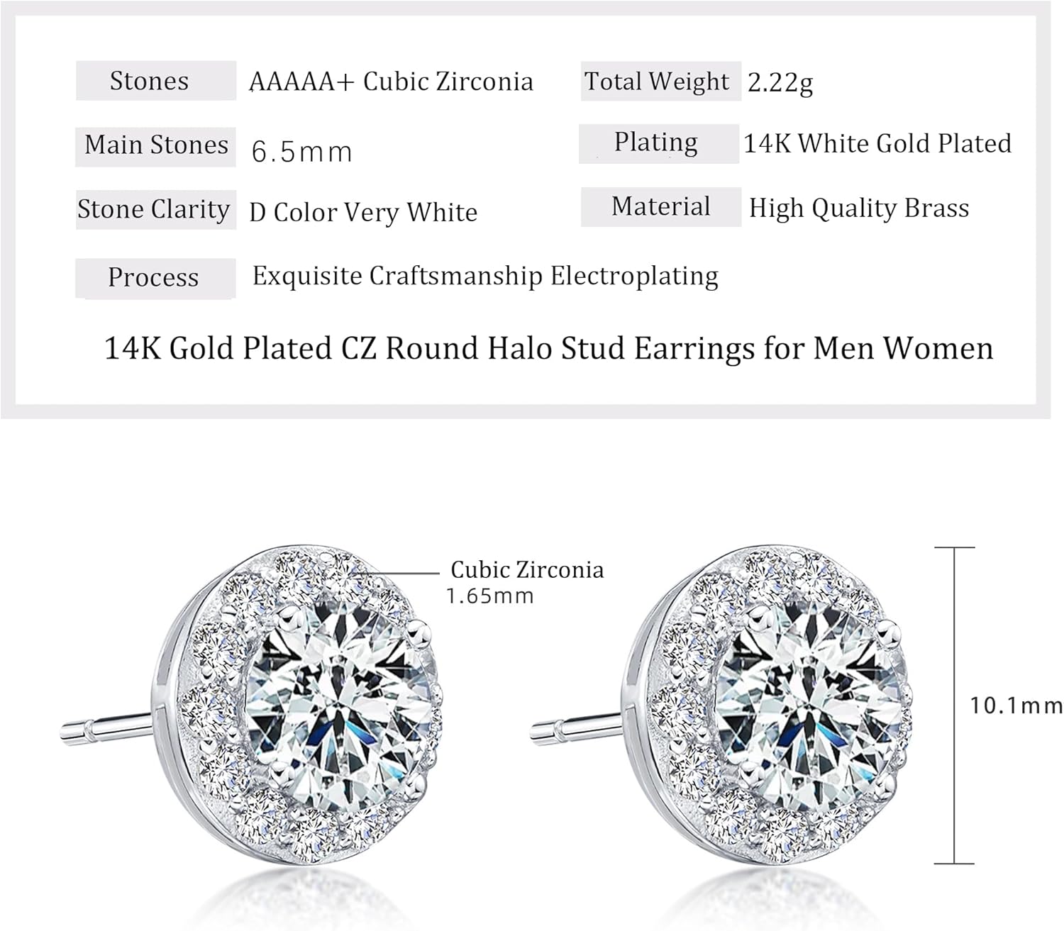 14K White Yellow Gold Plated Stud Earrings for Men Women, Hypoallergenic Princess Round Cut 0.6CT-2.8CT Cubic Zirconia Square Round Halo Stud Earring, Iced Out CZ Studs Jewelry for Men, 9.5-11MM - Image 2