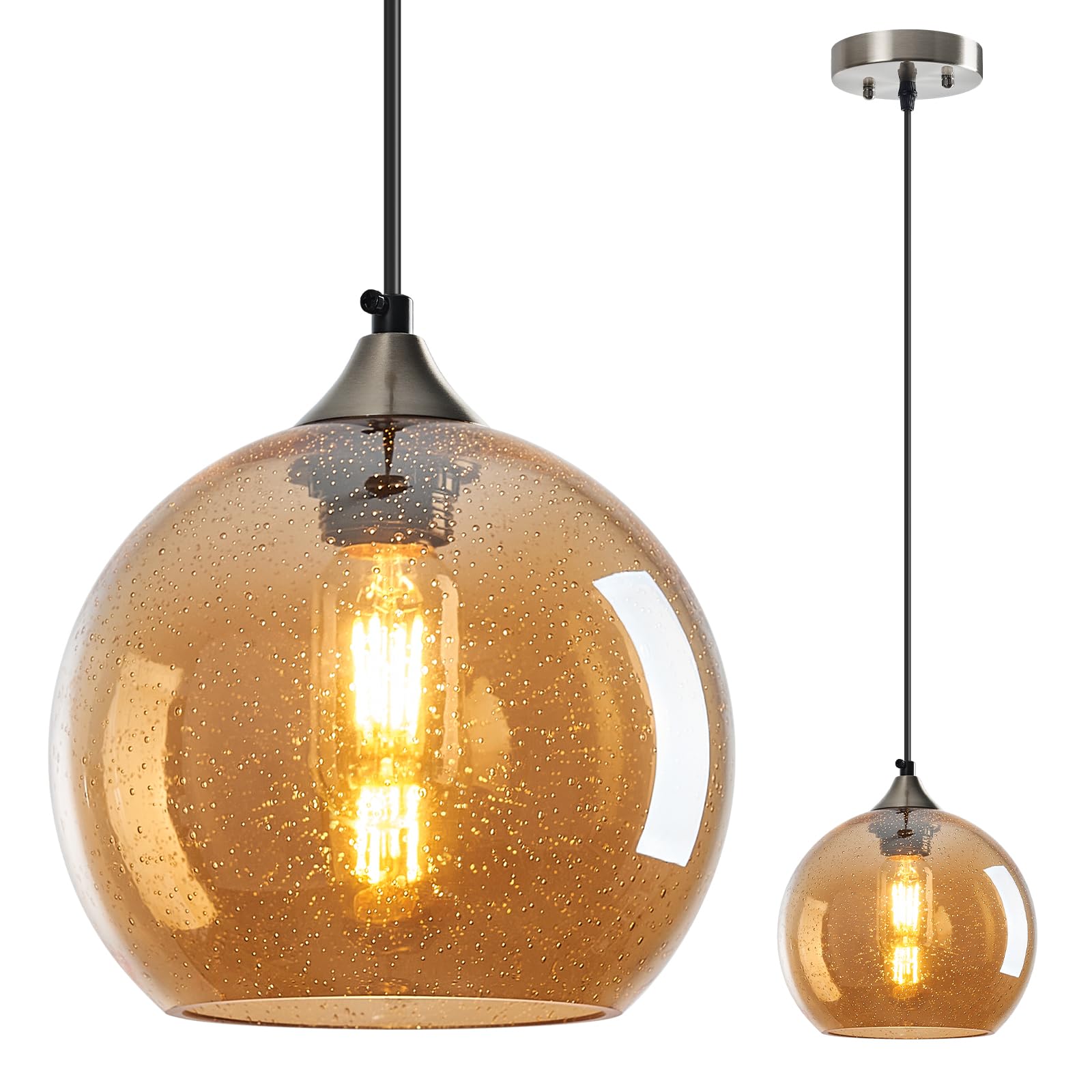 LBSQJ Amber Glass Pendant Lights Kitchen Island Lighting Globe Pendant Light Fixtures Modern Pendant Lighting for Bedroom Living Dining Room Light Fixture (7.87 in, 1 Pack)