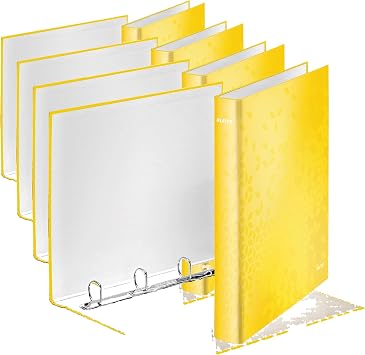 Leitz 4 Ring Binder, Holds up to 190 Sheets, Wow Range, 25 mm Spine, 42420016 - A4, Yellow Pack of 4