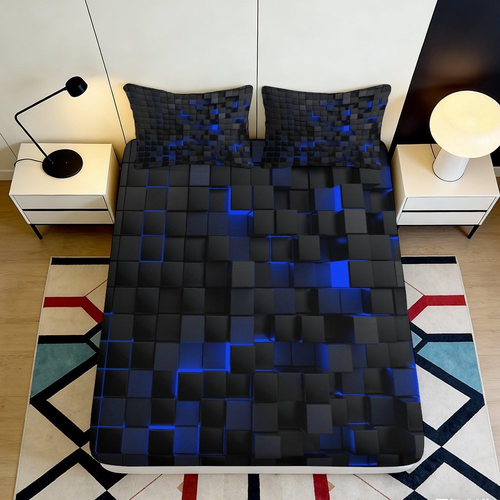 3D Printed Black Blue Cube Fitted Sheet Microfiber Soft Breathable Geometric Bed Cover for Bedroom Dormitory Guest Room Mattress Protection 120x200x25cm