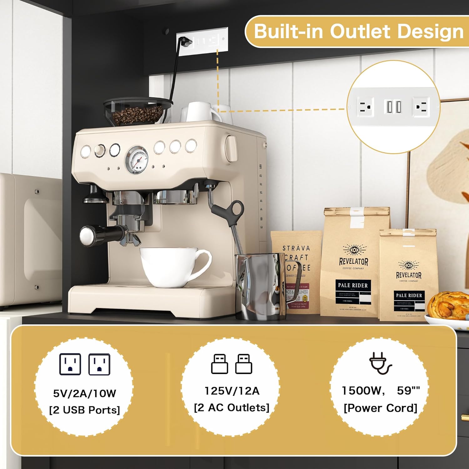 Kitchen Hutch Storage Cabinet: 71" Tall Black Pantry Cabinet with Microwave Shelf, Shaker Style Food Storage Cabinets with Doors and Countertop, with Lights and Charging Station (Black)