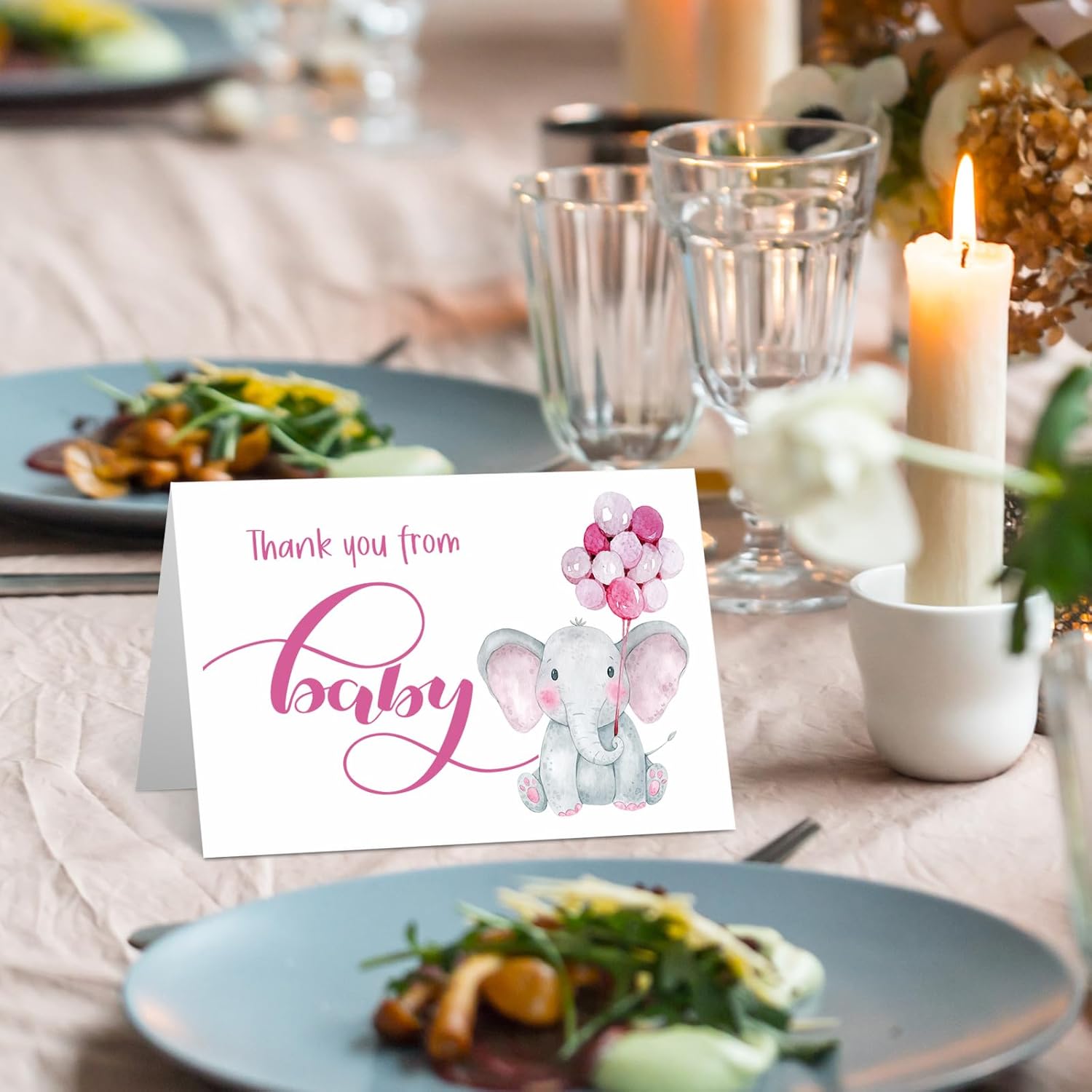 Zhanmai 50 Sets Baby Shower Thank You Gift Cards 50 Elephant Themed Baby Shower Thank You Notes with 50 Envelopes and 50 Stickers for Boys Girls Gender Reveal Party(Pink) - Image 6