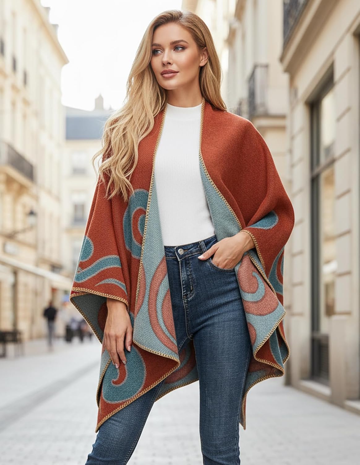 Women's Shawl Wraps Open Front Poncho Cape Oversized Sweaters Casual Cardigan Shawls for Fall Winter - Image 4