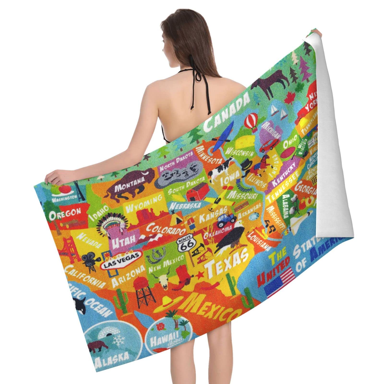 Lawenp United States Map Beach Towel, Lightweight Sand Free Quick Dry Microfiber Absorbent Bath Towel for Kids, Adults, Swimming, Bath, Yoga, Pool, Travel, Camping 32"X52"