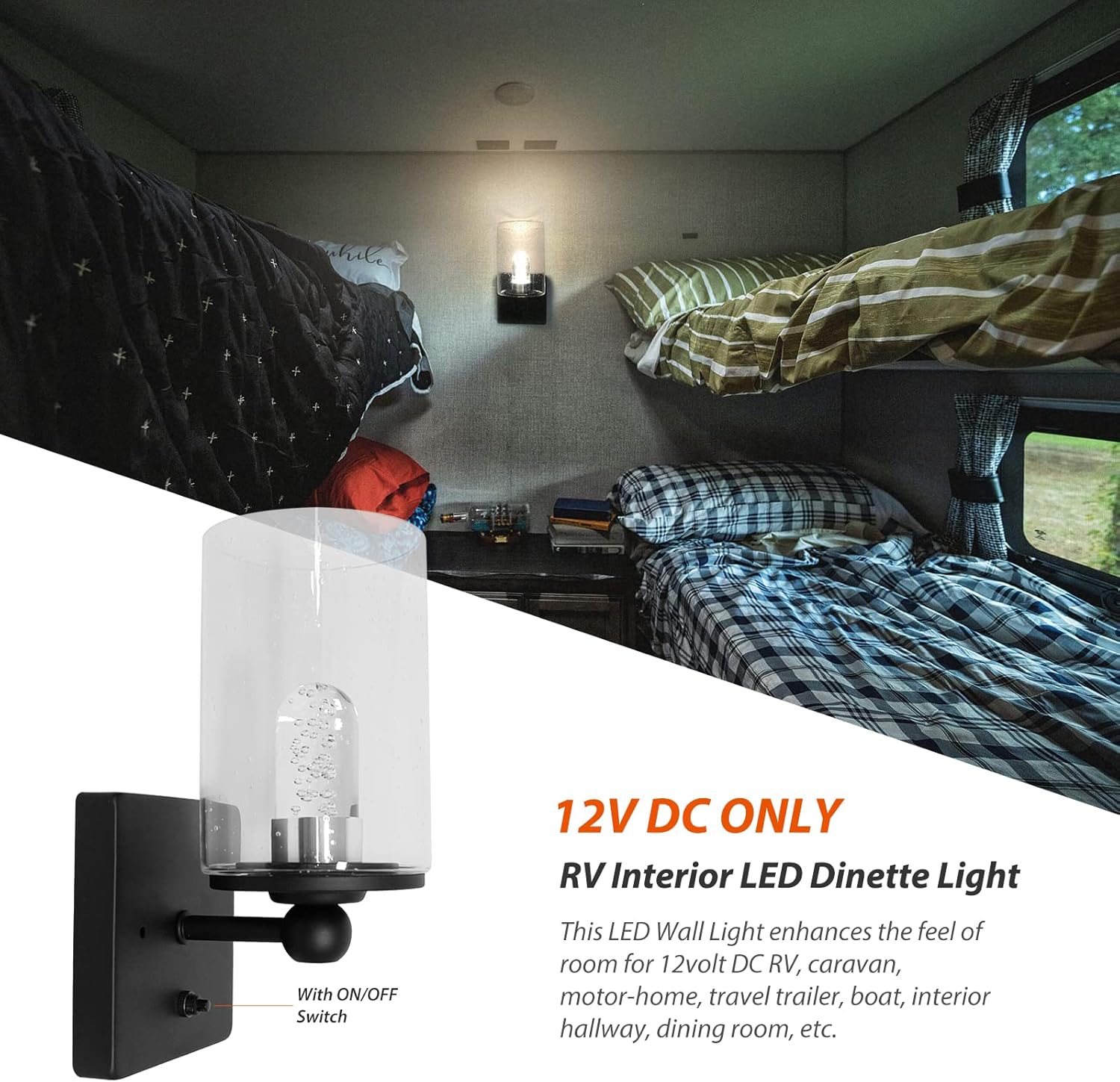Dream lighting RV Interior LED Wall Light Fixture for RV Trailer Kitchen Dining Room Decor Wall Sconce 12volt DC Sparkling Glass, 3500K, with Switch